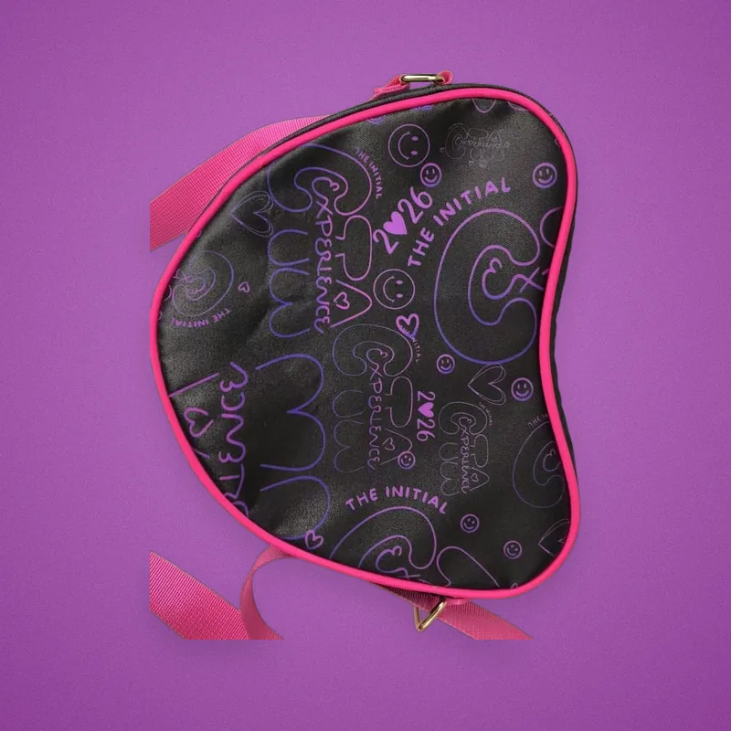 Black bag panel with a purple all-over print of logos, hearts and 2026