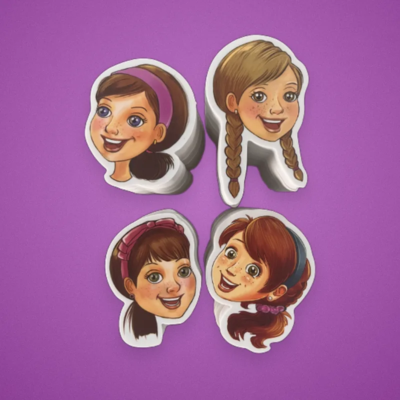 Four stacks of die-cut eraser tops shaped like smiling girls' faces