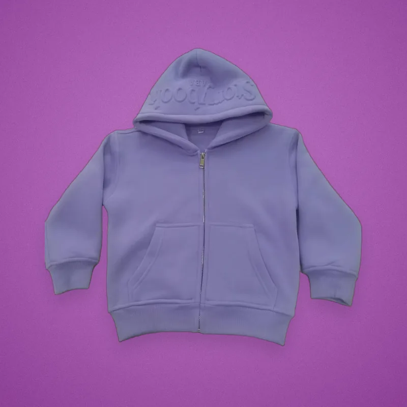 Lavender kids' zip hoodie with an embossed name on the hood