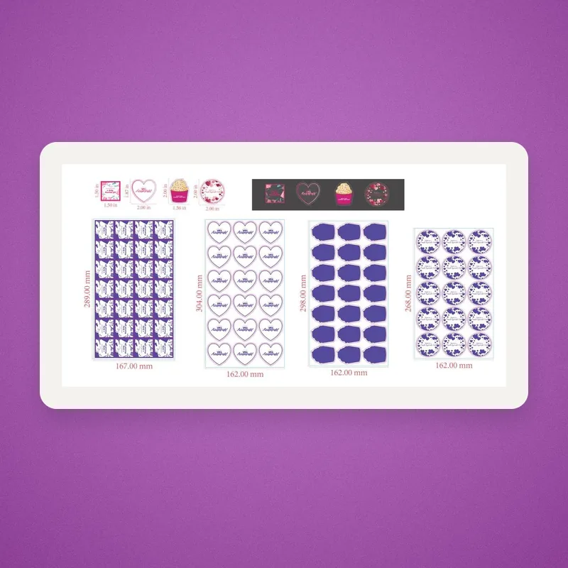 Proof of heart, cupcake, square and round sticker sheets