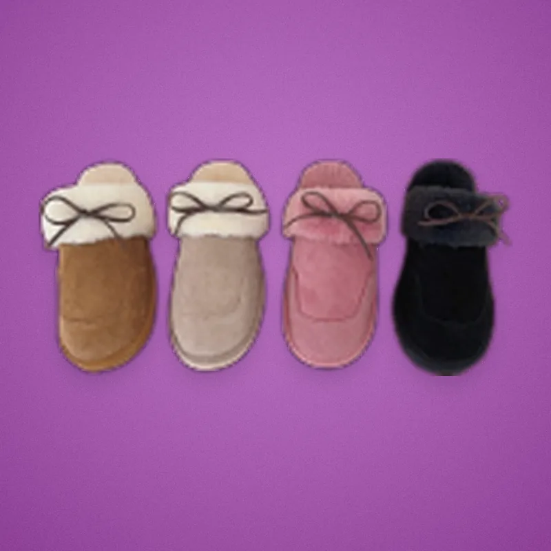 Four Ugg-style slippers with bows and fleece cuffs in tan, beige, pink and black
